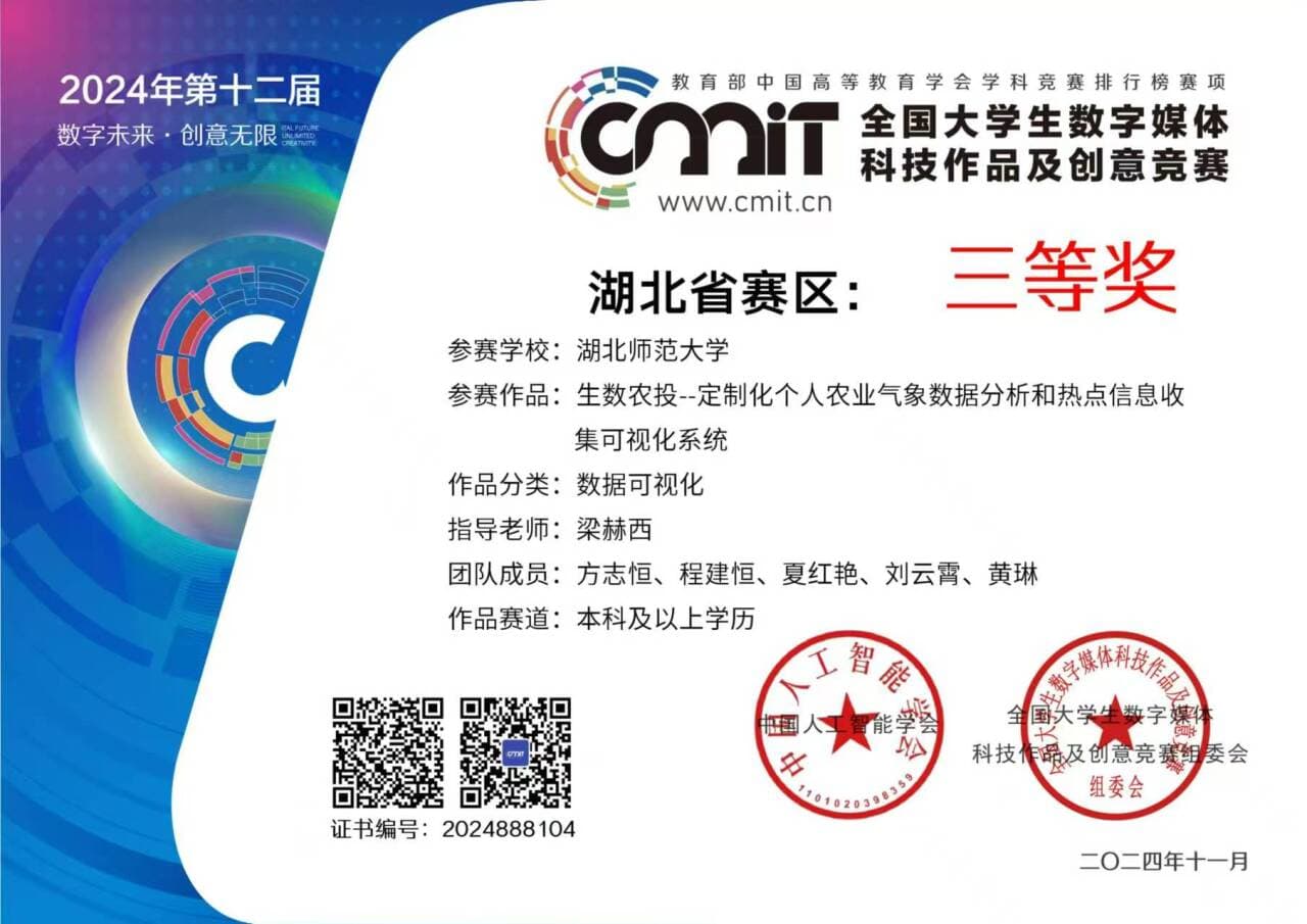 全国大学生数字媒体科技作品及创意竞赛湖北省赛区三等奖